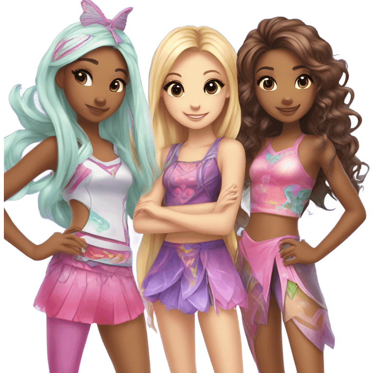 Four best friends girls clubbing in cute fairy outfits, all girls apart from one mixed race heritage: Chinese and white, winx inspired outfits and cute hair and fun accessories  emoji