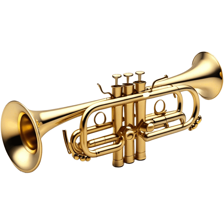 Create a sleek and professional emoji representing a Stomvi trumpet. The design should showcase the shiny, polished brass body of the trumpet with its distinct bell, valves, and tuning slides. Highlight the intricate keywork and the valve pistons, with detailed metallic accents and subtle reflections on the surface. The mouthpiece should be visible at the top of the instrument. Use golden and brass tones with light reflections to emphasize the smooth, high-quality finish. Add a few musical notes floating around the trumpet to evoke its bright and resonant sound. The background should be transparent. emoji