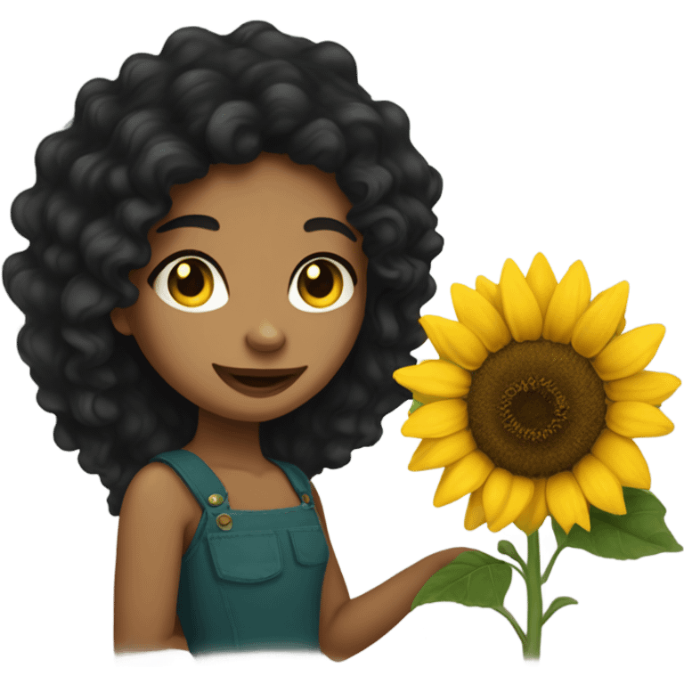 Long black Curly hair Girl holding sunflower . Her skin is tan she’s very pretty with cat eyes emoji