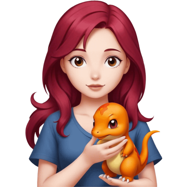 Beautiful burgundy haired girl holding charmander emoji