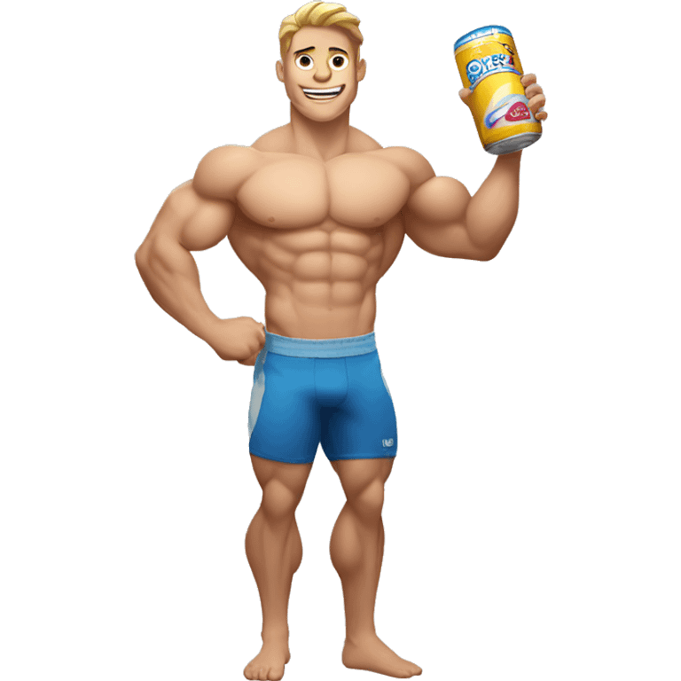 Pumped up white shirtless athlete holding a can of protein emoji