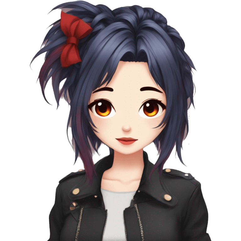 Gorgeous anime style lady with blushing face aesthetic and pretty edgy black red punk hair with hair garment trending style emoji