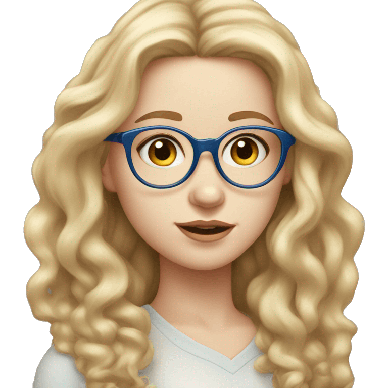 young woman with pale skin, blushed cheeks, big blue eyes, brown round glasses, thin lips, long wild blond wavy hair emoji