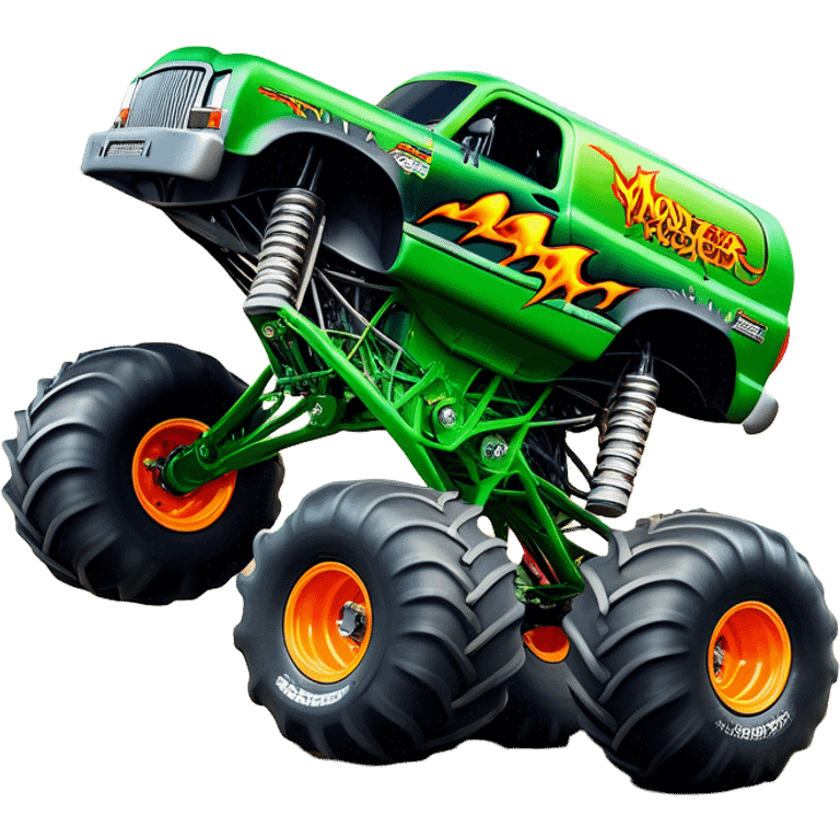 Grave Digger - Monster Jam (Model Year: 2022) (Iconic colour: Green with flames) - A legendary monster truck with a fearsome design: predominantly deep green with dynamic, vibrant flame graphics in bright orange and yellow. Highlight its rough, edgy bodywork and an aura of untamed rebellion. emoji