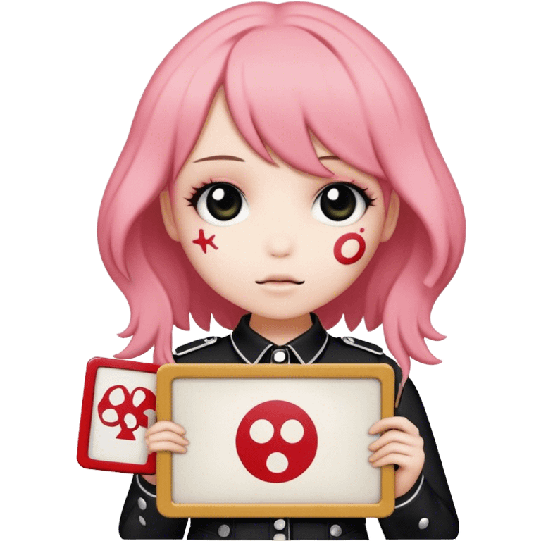 Mymelody holding a sign which shows the my chemical romance logo emoji