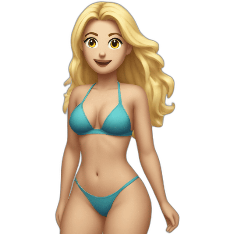 Slim-thicc Caucasian woman blues eyes blond hairs bikini hands-in-hair pose (beach body) full body emoji