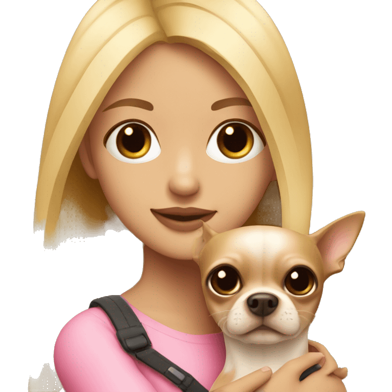 blonde girl with pink & dark brown chihuahua in her arms emoji