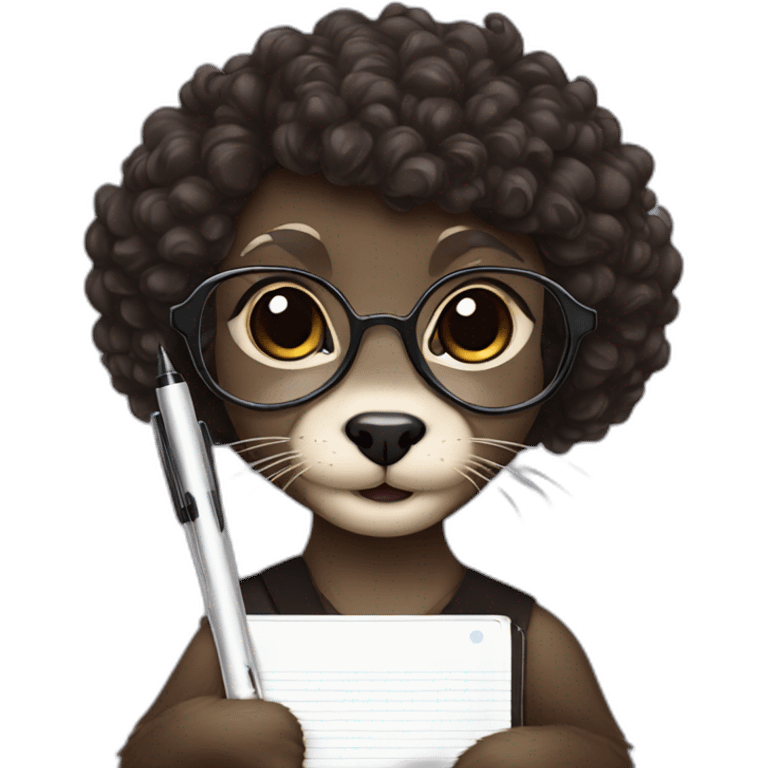 female Otter with round glasses and black curly hair holding a couple journals and a pen emoji