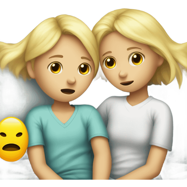 Two blonde children, each in their own bed at home, sick, sad, each wearing a surgical mask, one is a Boy, one is a girl, get well soon sign with yellow heart emoji