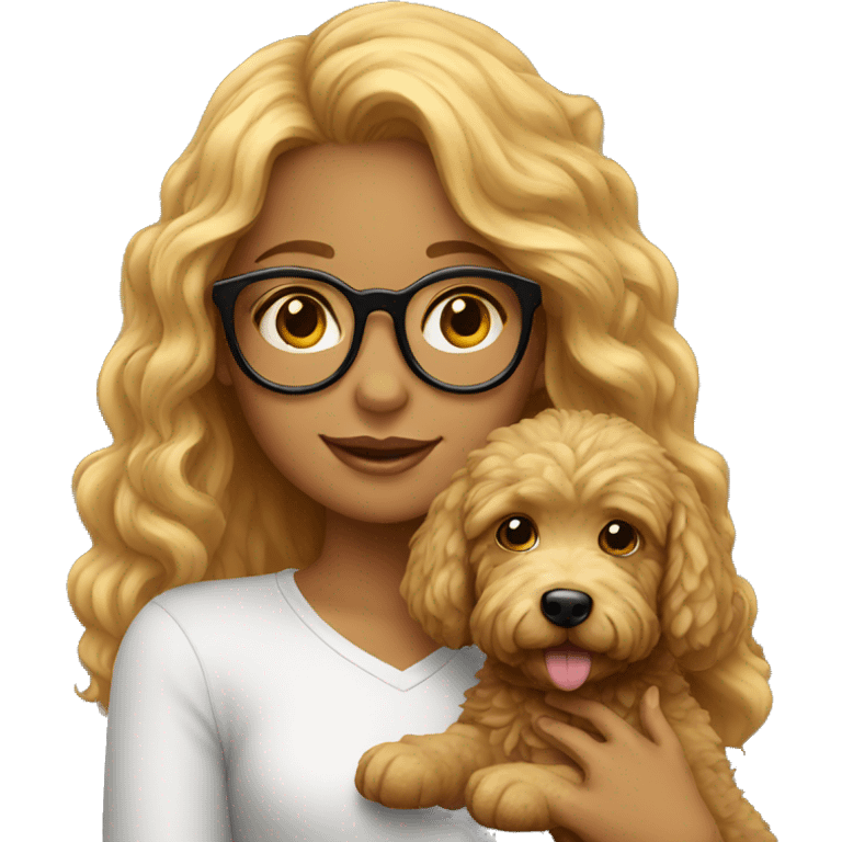 Girl with glasses holding golden doodle emoji