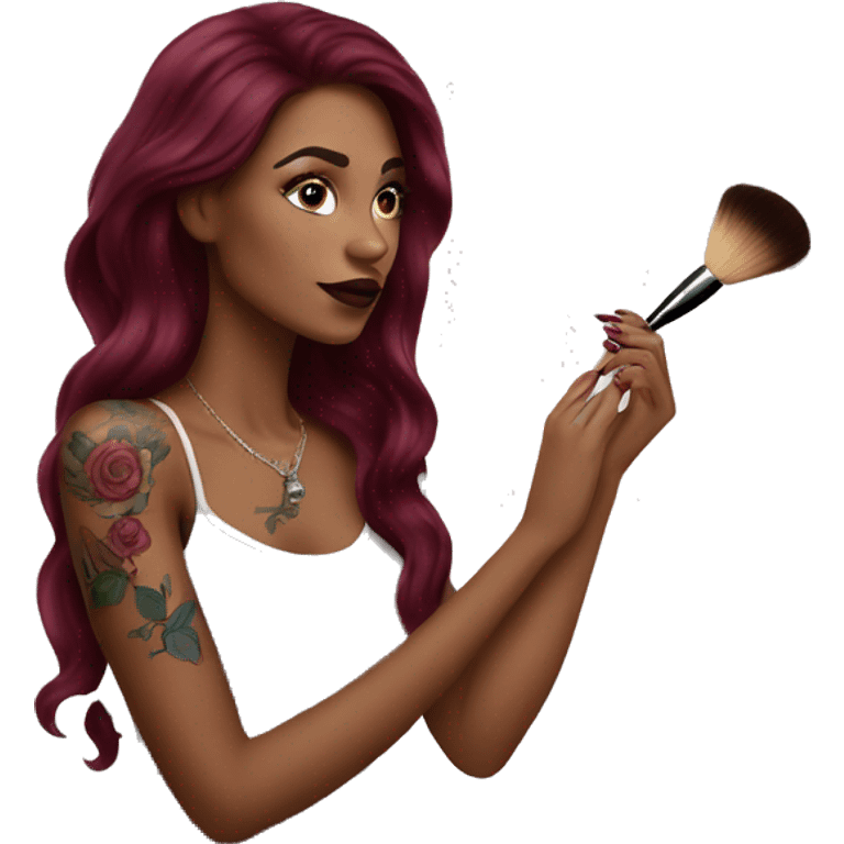 Beautiful tattooed burgundy long haired woman doing her makeup emoji