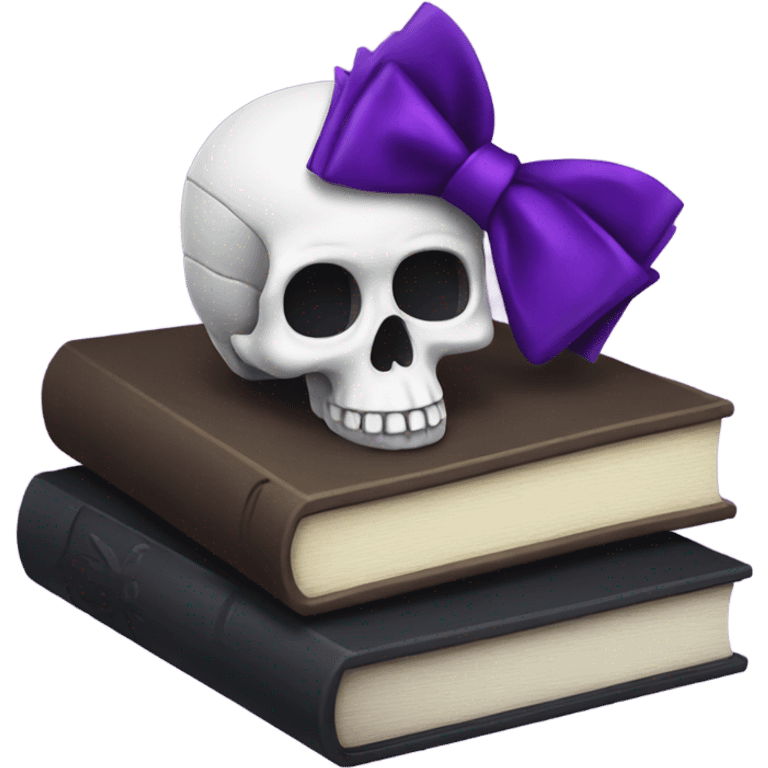 Skull with purple bow, using books and a raven emoji