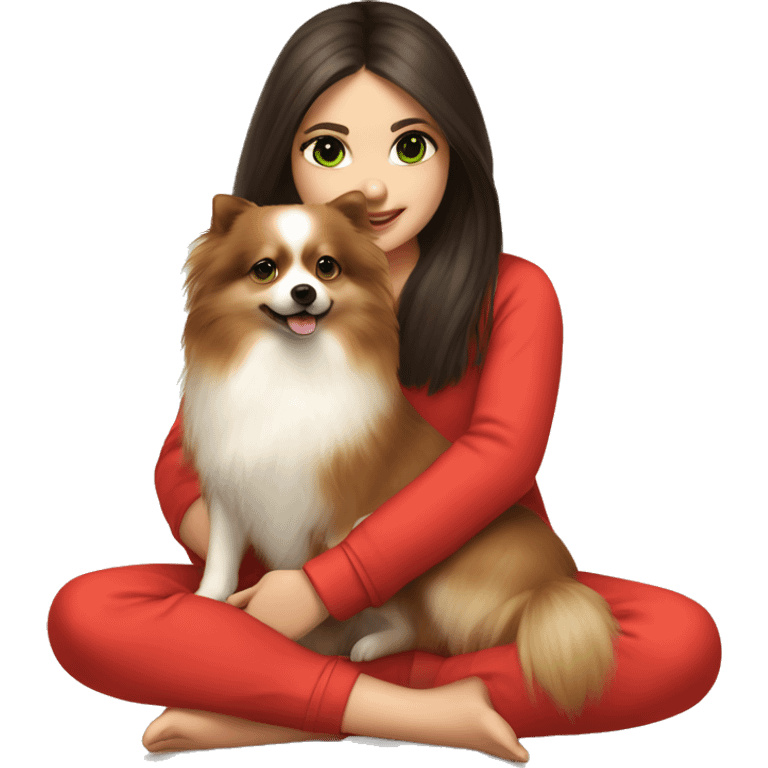 light-skinned-girl-with-dark-long-brown-hair-and-green-eyes-in-red-pajamas-petting-pomeranian emoji