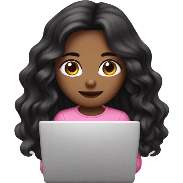 Beautiful girl,Black wavy long hair, Black eyes,Chinese, wearing pink typing on laptop,  emoji