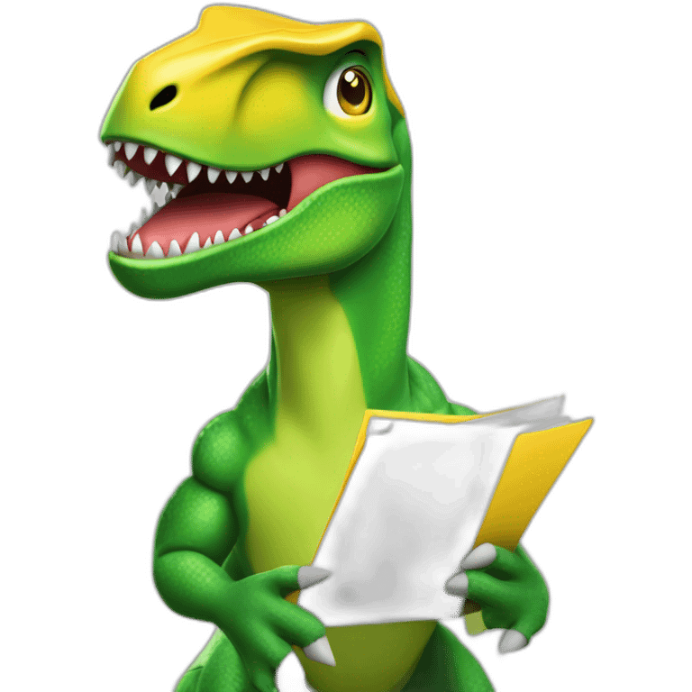 Angry green T-Rex dinosaur with a yellow folder in his hand emoji