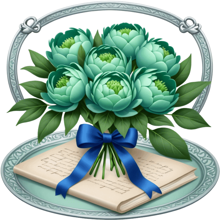 A beautifully ornate silver tray holding a bouquet of soft green peonies and a love letter tied with a deep blue ribbon. emoji