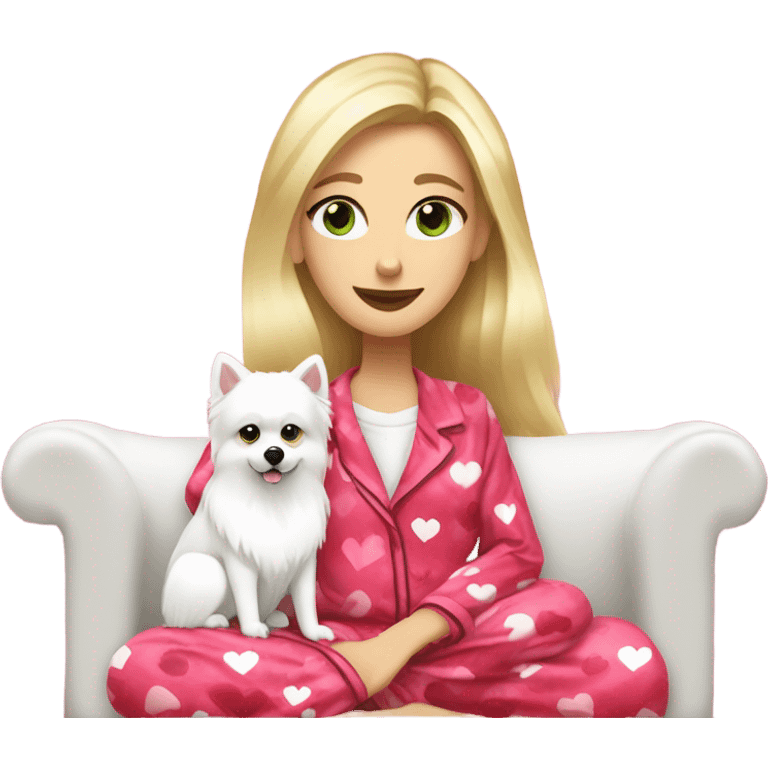 Woman, long length blonder hair, give her pretty green colored eyes, wearing red and pink hearts design on pajamas, lounging on a cozy couch with white fluffy pomeranian dog emoji