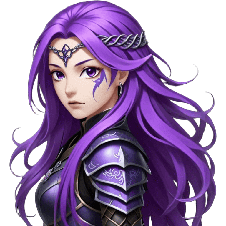 A mysterious warrior girl with long, flowing purple hair cascading down her back, strands catching the dim light like silk. Her piercing violet eyes glow. She wears sleek black armor, a perfect fusion of elegance and lethality, adorned with intricate silver engravings resembling ancient runes.  emoji