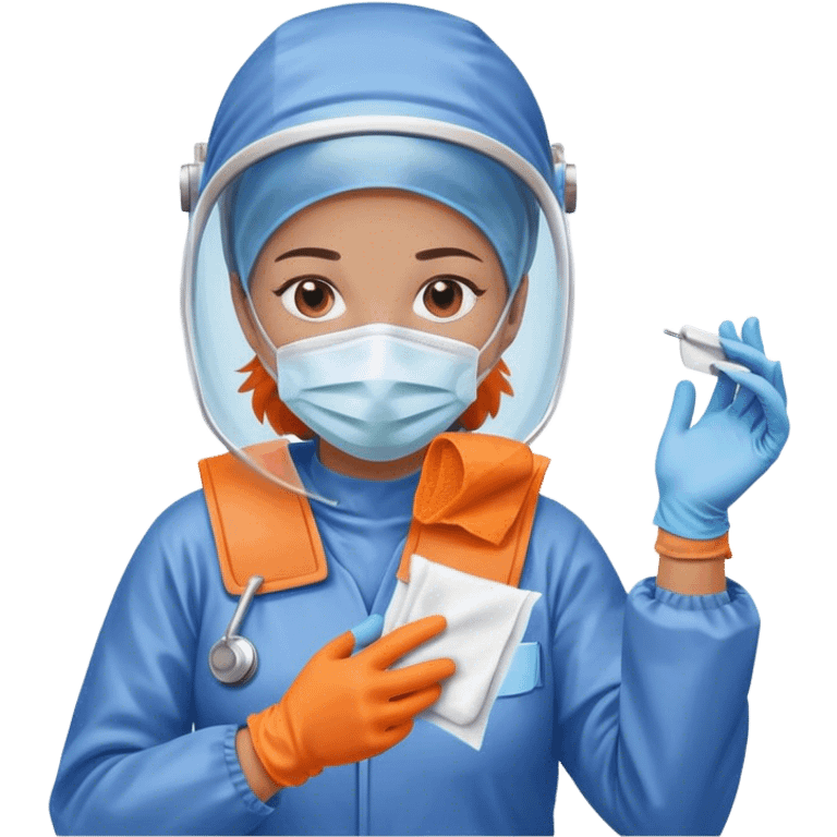 A meticulous cleanroom worker dressed in full protective gear, including a blue sterile suit, a face mask,  and orange gloves.  wipe  in her hand. emoji