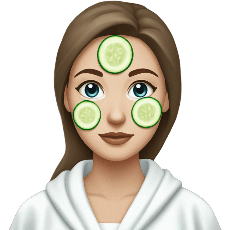 White girl with Brown hair and blue eyes wears a Green colored skincare clay textured mask and puts on cucumbers around her eyes while She relaxes in her white Robe emoji