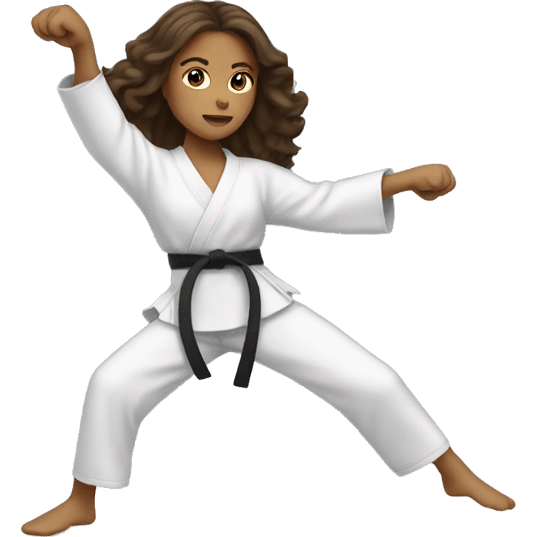 Girl doing power karate stance with long wavy brunette hair emoji