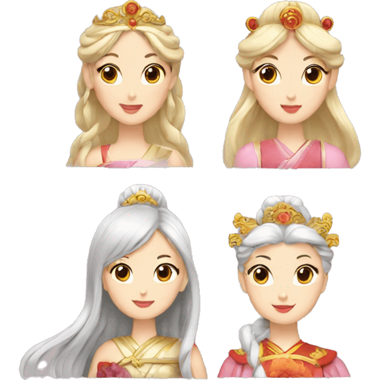 3 goddesses: Western Queen, Chinese Empress, Japanese Princess emoji