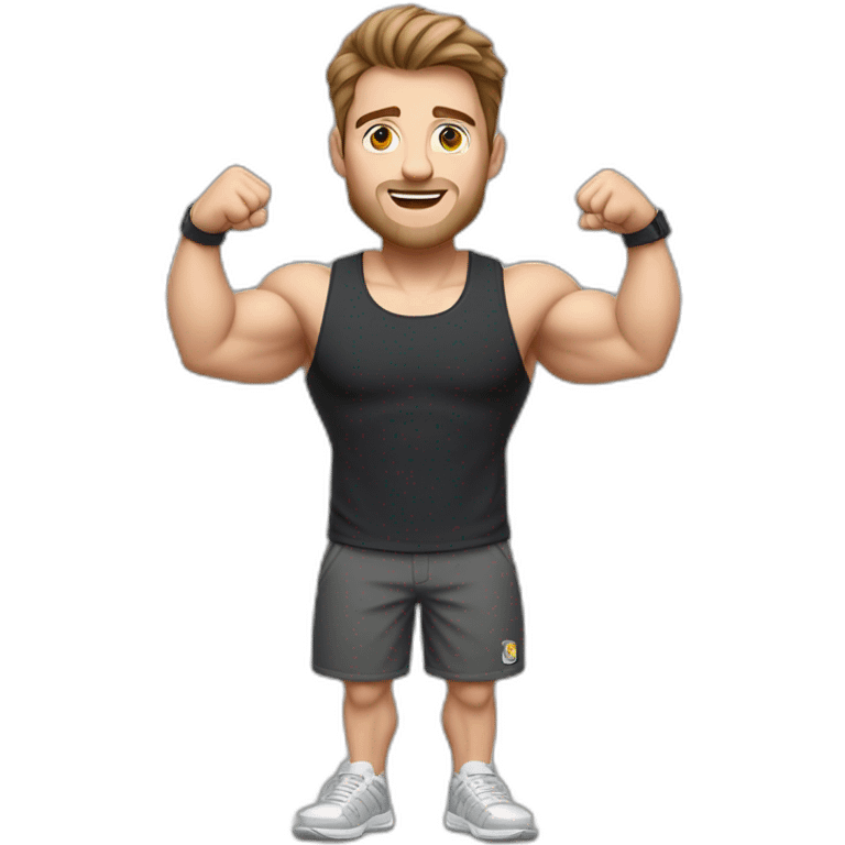 Full height realistic Actively gesturing with hands Pale skinned Fit Man With the biceps and brown hair in dark gray Sleeveless Mike, black oversize sports shorts, watch and white Sneakers emoji