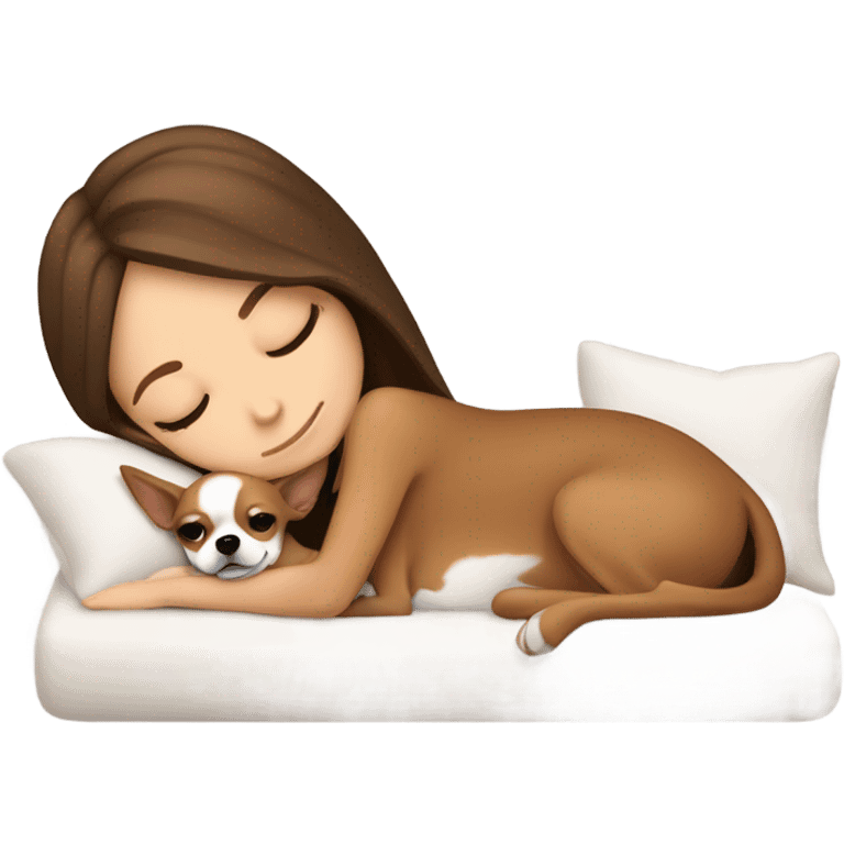 White Girl with long brown hair napping with a tan, brown, and white colored chihuahua  emoji