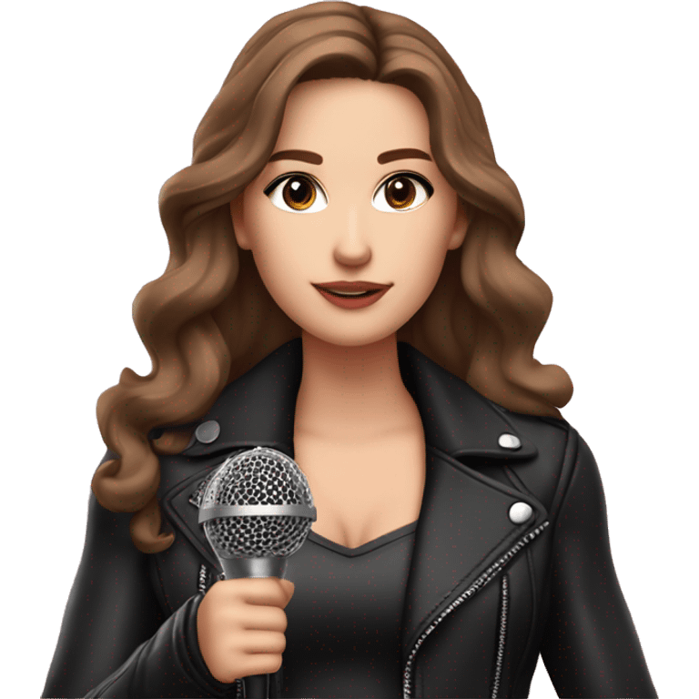 Pretty White Woman, Long Brown Wavy Hair, Brown Eyes, with black eyeshadow Wearing A Pink Dress and a Black Leather Jacket, holding a microphone  emoji