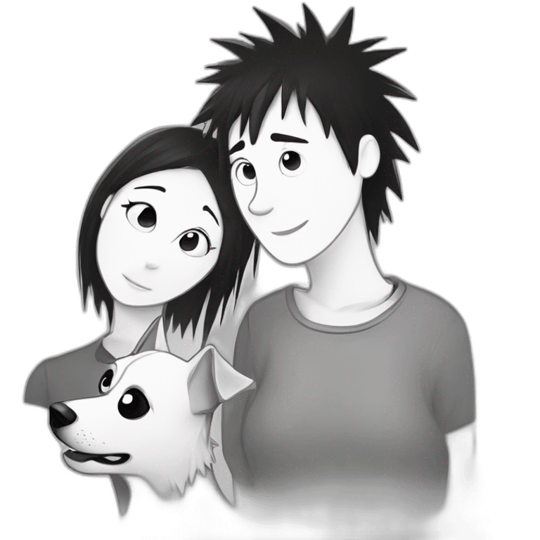 a dog and a dark-haired girl with spiky hair looking at each other in style of ((sarah andersen)), black and white emoji