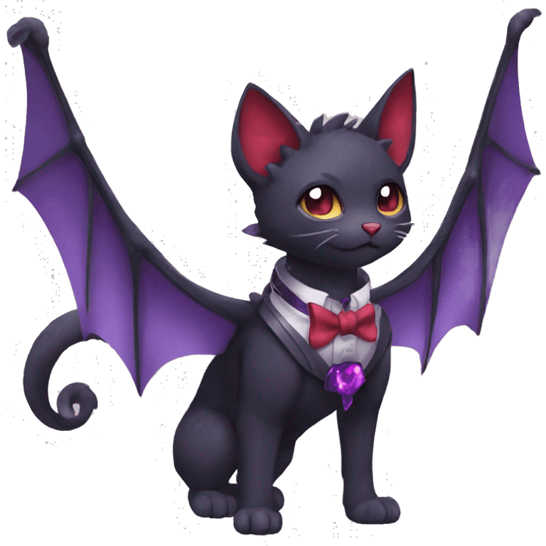 cool kawaii black purple red ethereal fantasy beautiful elegant nargacuga-bat-cat-Fakemon collar harness bow tie and bracers full body emoji