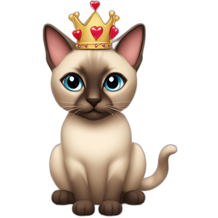 siamese cat wearing a crown with floating hearts emoji