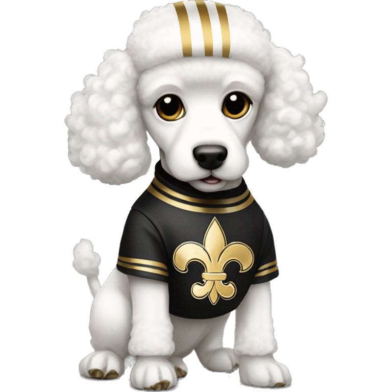 White poodle wearing a black football helmet with gold stripe and gold fleur de lis emblem emoji