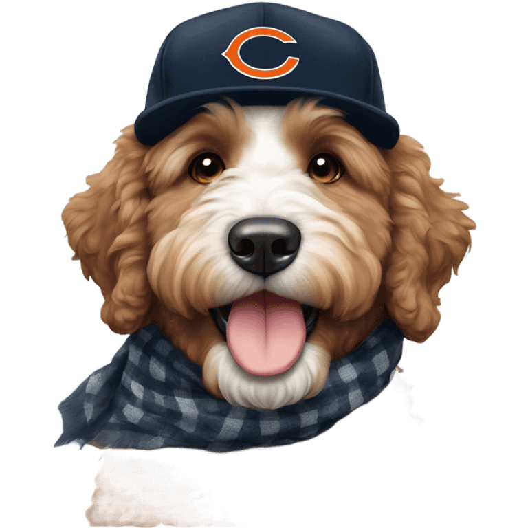 Bernedoodle with chicago bears hat and scarf emoji