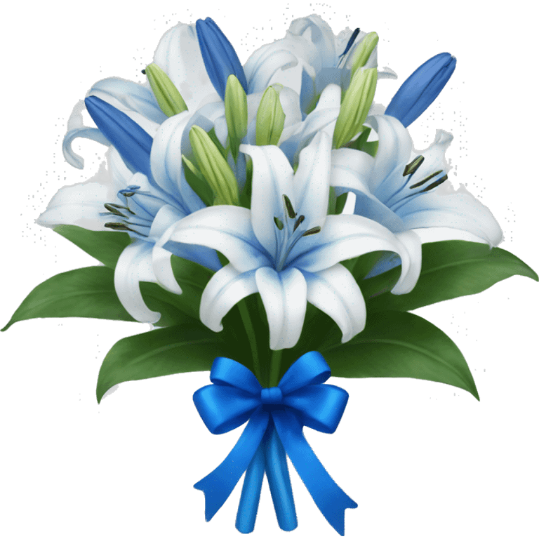 bouquet of white and blue lilies with a blue bow around it emoji