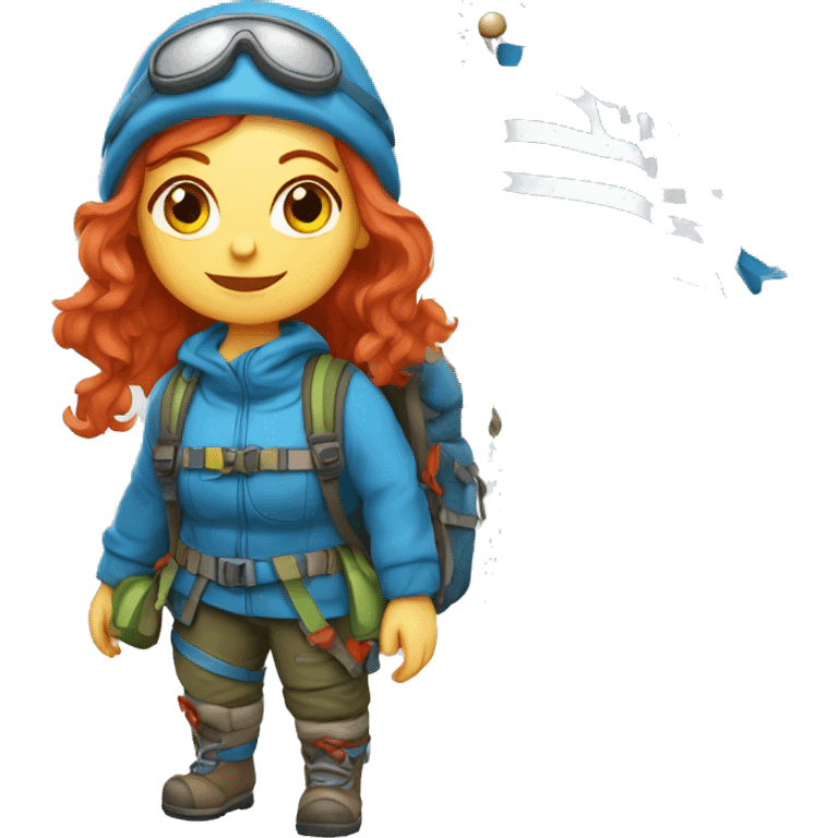 Female winter mountain climber red hair climbing, holding Greek flag on backpack and holding Easter eggs basket emoji