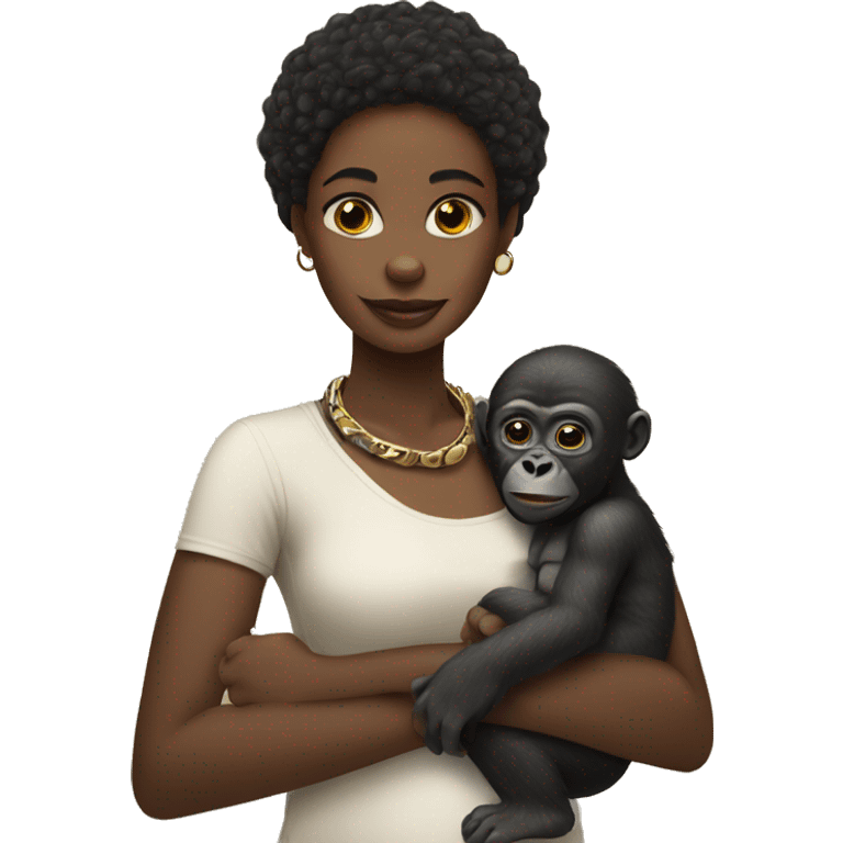 black woman with african neck rings holding a baby gorilla emoji