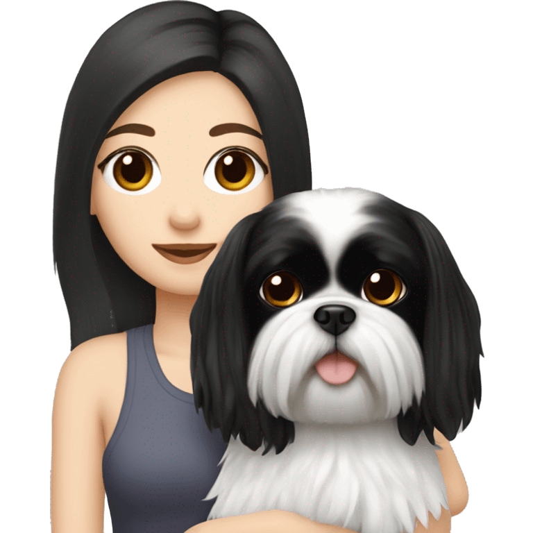 white girl with black hair and eyes holding a black shih tzu emoji