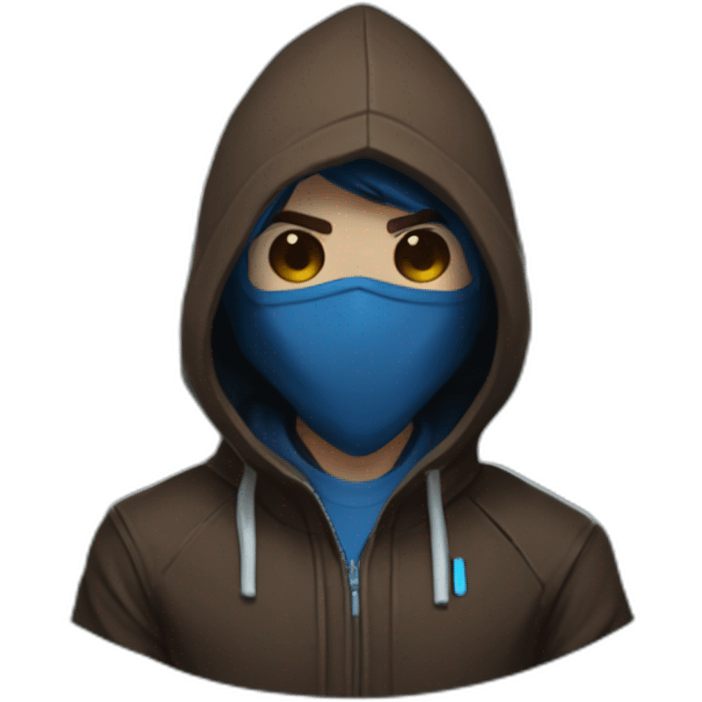 Boy brown developer left side behind his laptop with this style: Valorant Riot Game blue character blue black hooded hacker  emoji