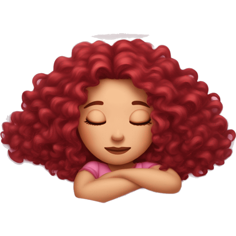 gorgeous white woman with long burgundy curly hair sleeping on pink princess bed emoji