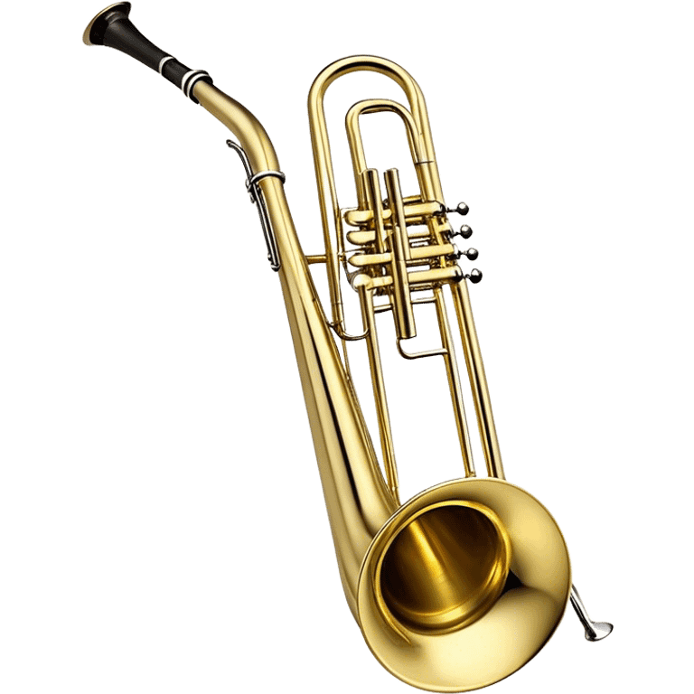 Create a sleek and professional emoji representing the Brahner TB-420 Bb/F tenor trombone. The design should feature the smooth, shiny brass body of the trombone with its distinct curved tubing and large bell. Highlight the tuning slide and the mouthpiece at the top of the instrument. The brass finish should be polished and reflective, with silver accents on the mouthpiece and tuning slide. Add subtle musical notes or soundwaves floating around the trombone to evoke its bold, brassy sound. Use golden and brass tones for the trombone with light reflections to emphasize its high-quality craftsmanship. The background should be transparent. emoji