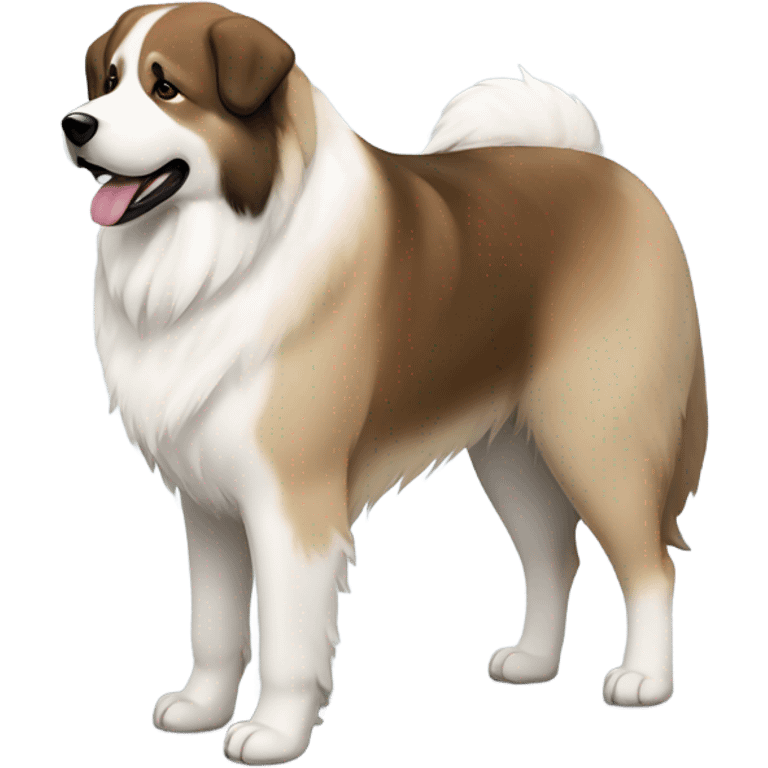 White and brown Great Pyrenees and big dark Akita standing next to each other emoji