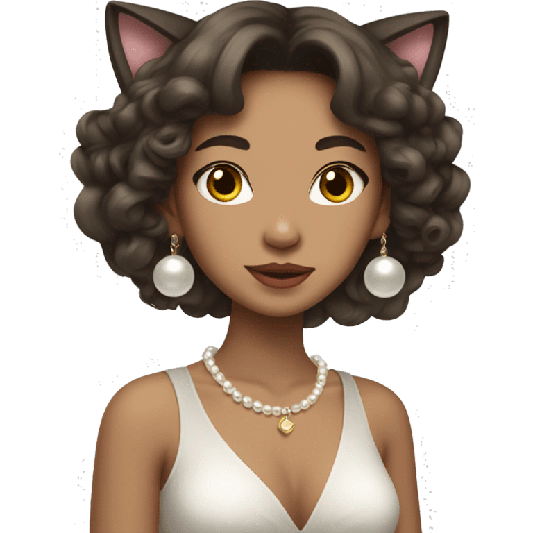 brunette wavy hair asian wearing pearl necklace and cat ears emoji