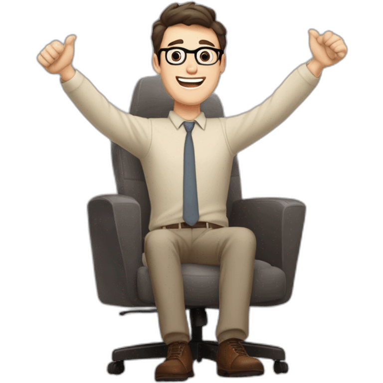 Joyful Celebrating victory Hands up Pale skinned Fit Man With dark brown hair in gray jacket, beige office shirt, Brown pants and vintage glasses sitting In a soft chair emoji