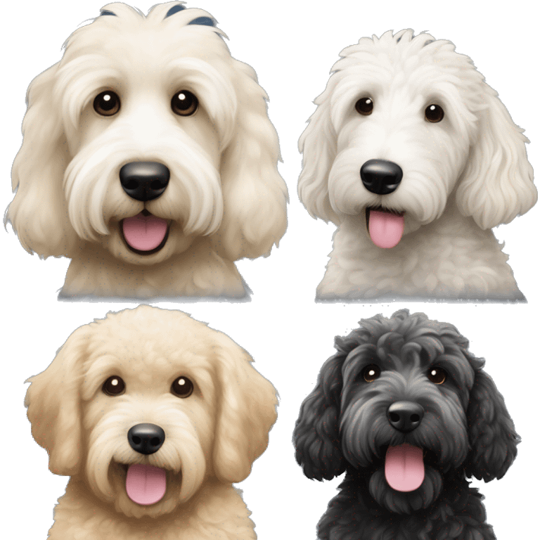 One Black goldendoodle, one black goldendoodle with white patch on chest, one cream golden doodle,  one black white mini Sheepadoodle emoji