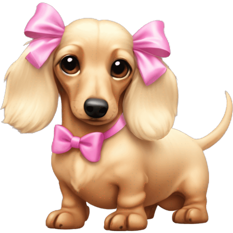 Pale Blonde fluffy dachshund head with pink bows on ears emoji