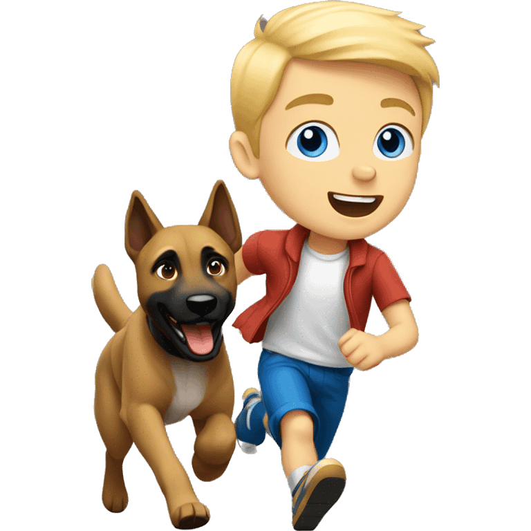 blond boy with blue eyes running with his malinois dog emoji