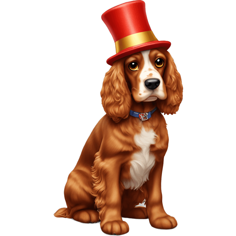 red cocker spaniel full length, wearing a New Year's cap emoji