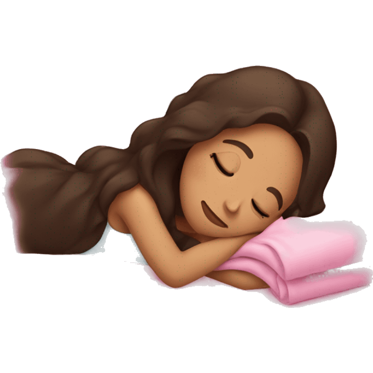 Brunette girl sleeping on side with pink blanket emoji