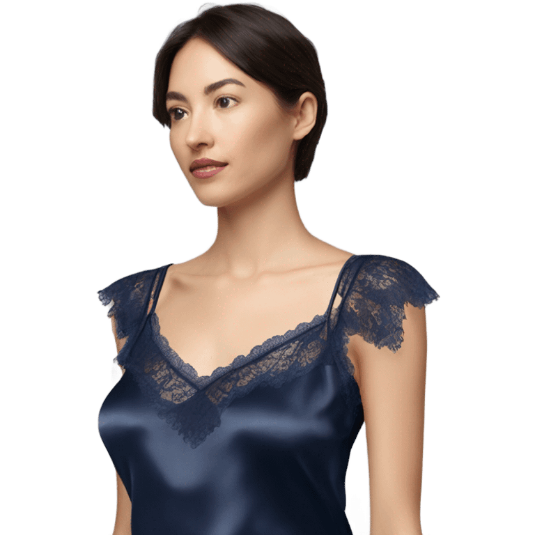 Realistic isolated side view of a navy blue lace silk camisole blouse. emoji